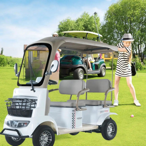 Chill Four-Seater Electric Golf Cart With Massive Storage Trunk And 800W Motor on green grass, ideal for golfing and leisure rides.