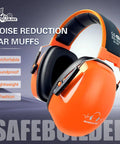 Heavy Duty Ear Protection Muffs With Up To 32dB Noise Reduction Adjustable Hearing Protection For Work Mowing Construction And Lawn Care Orange Noise Canceling Earmuffs For Clear Focus, showing orange earmuffs with padded headband and noise reduction features.