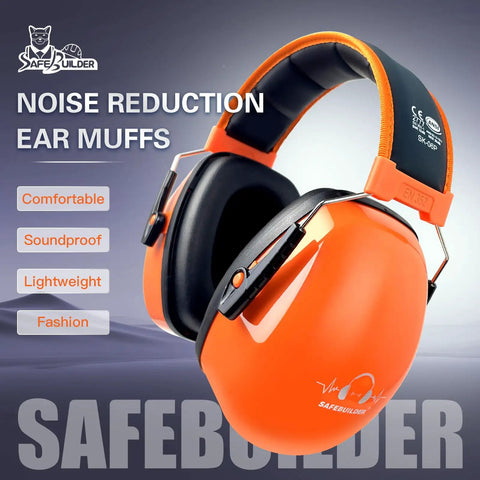 Heavy Duty Ear Protection Muffs With Up To 32dB Noise Reduction Adjustable Hearing Protection For Work Mowing Construction And Lawn Care Orange Noise Canceling Earmuffs For Clear Focus, showing orange earmuffs with padded headband and noise reduction features.