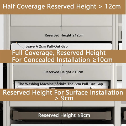 Diagram illustrating installation heights for space saving under cupboard drying rack for trousers concealed clothes dryer above washing machine slim 610 to 660mm durable aluminum frame with cushioned rail system quiet glide and easy pull out for closet organization.