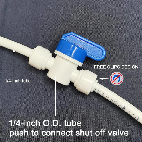 Inline 1/4 in. OD tube ball valve with blue lever, white plastic body for RO water lines, push-to-connect