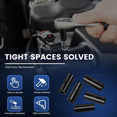Heavy Duty Tap Socket Set For Tight Spaces With Vinyl Tap Holder Includes Five Sockets For High Compatibility In Tight Areas