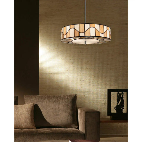 Dark Bronze Pendant Light With Hand Rolled Art Glass Shade And Metal Base, On Off Socket, hanging over a living room sofa