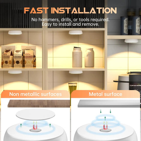 Installation guide for Six Pack Warm White Motion Sensor LED Puck Lights with USB Rechargeable Battery under cabinet lighting.