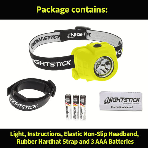 Intrinsically Safe Dual-Function Headlamp with accessories, including headband, hardhat strap, AAA batteries, and instructions