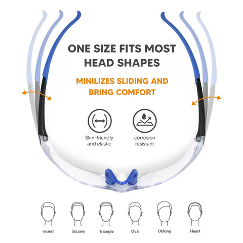 24 Pack Clear Safety Glasses With UV Protection And ANSI Z87.1, nose pad comfort for various head shapes, blue and clear design.