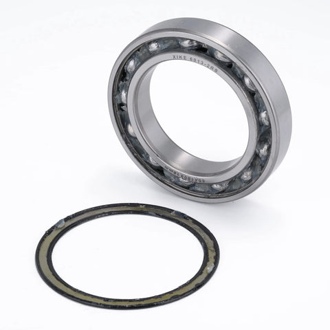 Front view of XiKe 6013-2RS deep groove ball bearing with double rubber seals and a seal ring, 65x100x18 mm, silver