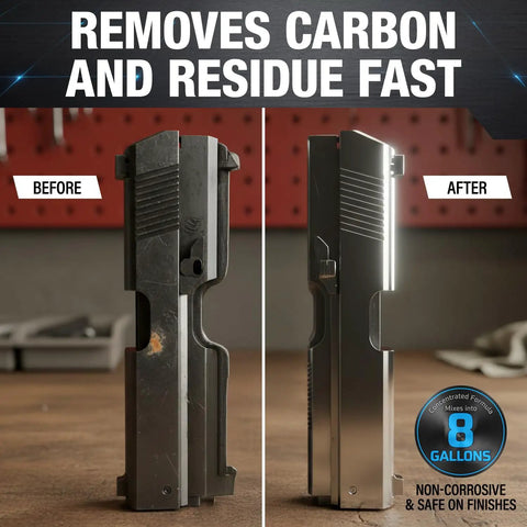 Heavy Duty Ultrasonic Gun Cleaning Fluid One Gallon Pro Strength Mixes Into Eight Gallons strips carbon and buildup from firearm part.