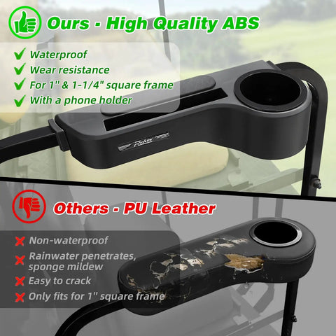 Top view of Golf Cart Armrest With Cup Holder And Rear Seat Rests For EZGO Club Car, high-quality ABS with phone holder, comparison with PU leather.