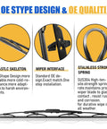 All Season Silicone Windshield Wiper Blades 22 Inch showing durable plastic skeleton, strong wiper interface, and stainless spring design.