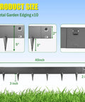 Product size of Durable 33ft Galvanized Steel Landscape Edging Kit, 10 Pack, 5 Inch High, metal border dimensions and spikes.