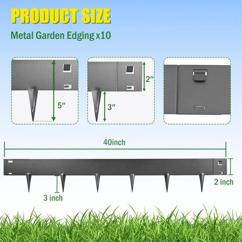 Product size of Durable 33ft Galvanized Steel Landscape Edging Kit, 10 Pack, 5 Inch High, metal border dimensions and spikes.