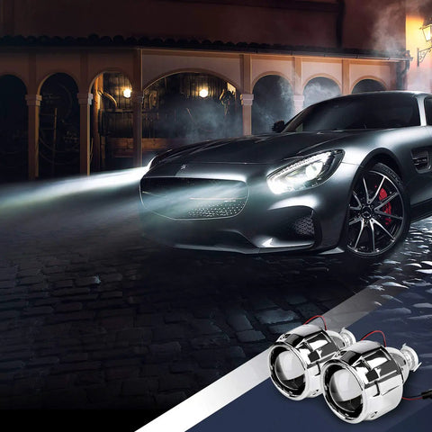 2.5 Inch Mini Projector Lens For H1 Headlights Retrofit And Custom Headlamps Upgrade With Chrome Shroud, shown with car headlights view
