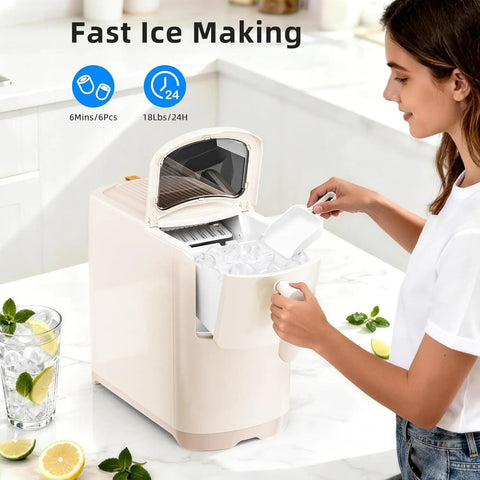 No Fuss Countertop Ice Maker Pumping Out 18 Lbs Of Crisp Bullet Ice Every 6 Minutes With A Slick Slim Footprint in cream white.