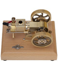 Top Tier Miniature Hit And Miss Engine 1.6cc Horizontal Four Stroke Gasoline Motor with brass components and wood base.