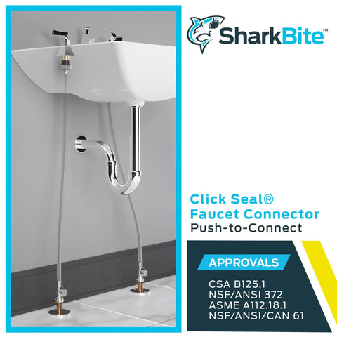 1/2 Inch Straight Stop To 1/2 Inch NPSM Click Seal Faucet Connector installed under sink, brass, 30 inch push to connect for tight spaces