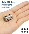 8mm To 10mm Bore Steel Rigid Shaft Coupler Set With 2 Couplers, M4 Set Screws And L Wrench, 22mm Length, 14mm Outer Diameter, Dialed In Precision Shaft Connector For CNC Machines, Robotics, And DIY Projects. Steel rigid shaft coupler shown in hand