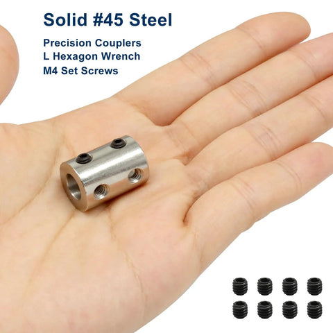 8mm To 10mm Bore Steel Rigid Shaft Coupler Set With 2 Couplers, M4 Set Screws And L Wrench, 22mm Length, 14mm Outer Diameter, Dialed In Precision Shaft Connector For CNC Machines, Robotics, And DIY Projects. Steel rigid shaft coupler shown in hand