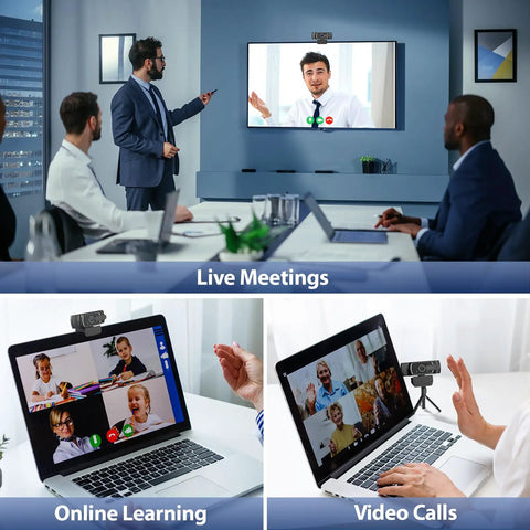 Next Gen 4K Webcam With Built In Mic For PC Streaming And Video Calls Delivers Snappy Ultra HD Footage used in a meeting setup.