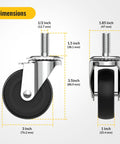 Dimensions of 3 Inch No Brake Swivel Caster Wheels Four Pack With One Half Inch Thirteen UNC Threaded Stem One And One Half Inch Long Beefy Heavy Duty Steel Casters Black Six Hundred Pound Capacity For Dolly Cart Workbench Mobility