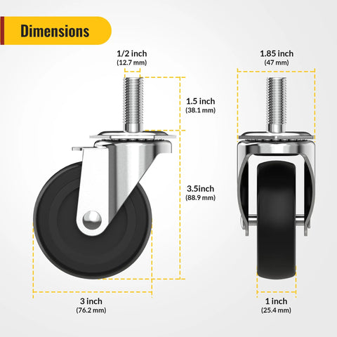 Dimensions of 3 Inch No Brake Swivel Caster Wheels Four Pack With One Half Inch Thirteen UNC Threaded Stem One And One Half Inch Long Beefy Heavy Duty Steel Casters Black Six Hundred Pound Capacity For Dolly Cart Workbench Mobility