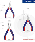 Mini Pliers Set 3-Piece Handy Tool Kit With 4 Inch Diagonal Pliers, 5 Inch Long Nose Pliers, And 6 Inch Needle Nose Pliers shown with dimensions.