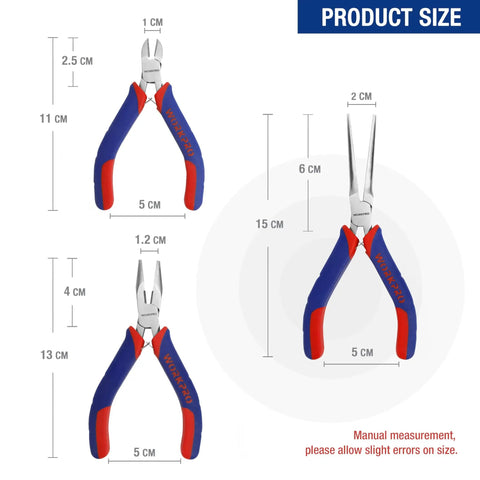 Mini Pliers Set 3-Piece Handy Tool Kit With 4 Inch Diagonal Pliers, 5 Inch Long Nose Pliers, And 6 Inch Needle Nose Pliers shown with dimensions.