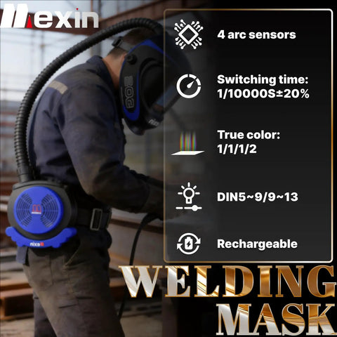 Worker using Powered Air Purifying Welding Helmet With Rechargeable Respirator System True Color Vision 4 Arc Sensors