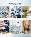 Applications of 53 Piece Air Line Quick Connect Fittings Kit in automation, workshop, painting, auto repair, dental, woodworking.