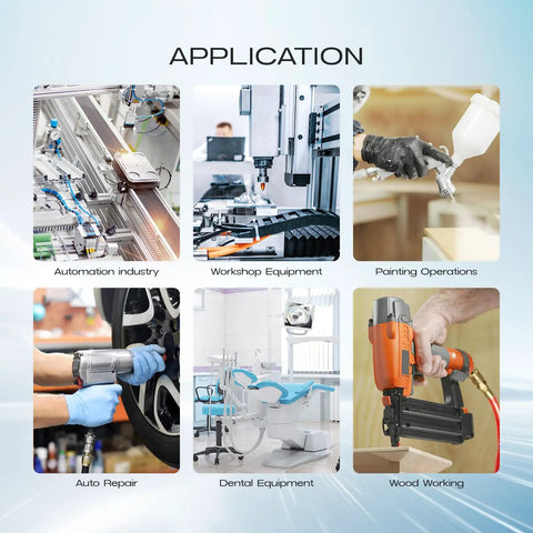 Applications of 53 Piece Air Line Quick Connect Fittings Kit in automation, workshop, painting, auto repair, dental, woodworking.