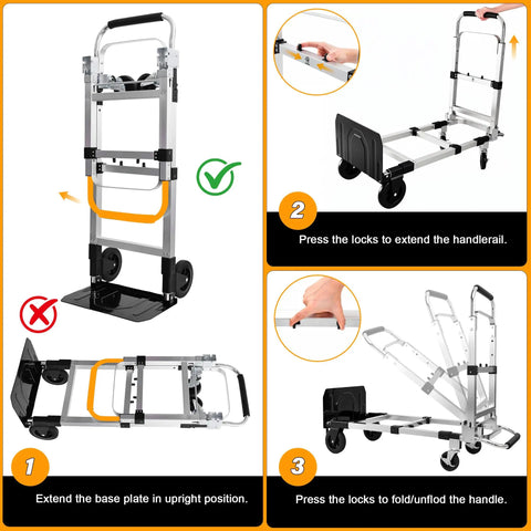 3 In 1 Convertible Hand Truck Folding Aluminum Dolly Cart With 2 Straps, Easy Setup And Smooth Transition Between Modes, Lightweight Yet Built Tough For Moving Boxes, Appliances, And Heavy Loads At Home, Workshop, Or Garage, folded and open