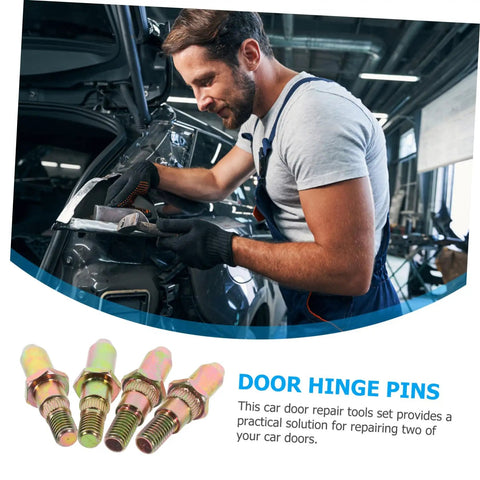 Auto Door Hinge Repair Kit Set With Pins And Bushings for Two Car Doors visible with mechanic working on vehicle