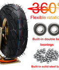Heavy Duty Rubber Pneumatic Casters 4 Pack 8 10 Inch Rock Solid Replacement Wheels With Swivel Brakes close-up of tire with bearings.