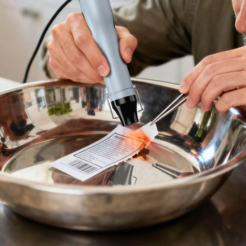 Using Mini Heat Gun With Dual Temperature Control 482F And 662F for crafting in metal bowl for precise artwork