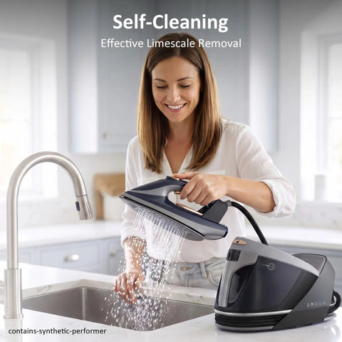 Pro Level 1800W Steam Station For Clothes with self-cleaning feature and user pouring water from pop-out tank.