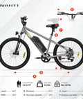 All Terrain Electric Bike For Adults With 350W Motor Peak 750W, 20 MPH Top Speed, 26 Inch Tires, side view with dimensions