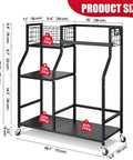 Dimensions of Ultimate Golf Bag Organizer With Wheels High Strength Metal Stand showing storage sections and weight capacity.