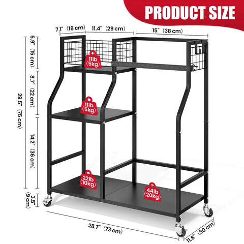 Dimensions of Ultimate Golf Bag Organizer With Wheels High Strength Metal Stand showing storage sections and weight capacity.