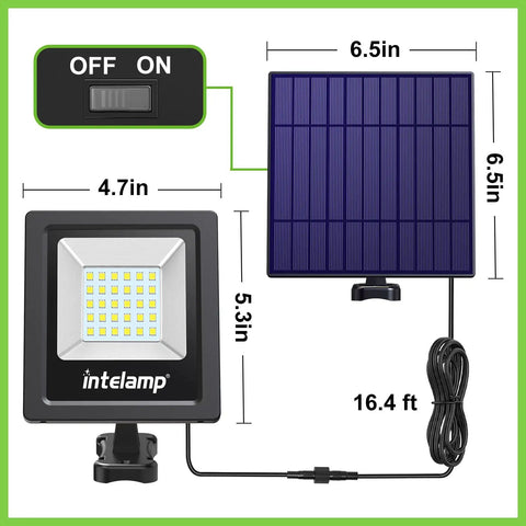 Solar Powered Outdoor Flood Light 4400mAh Dusk To Dawn Auto On Off IP65 Waterproof Security Floodlight components and dimensions