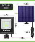 2 Pack Solar Flood Lights Outdoor Dusk To Dawn Auto On Off IP65 Waterproof showing light dimensions and solar panel setup.