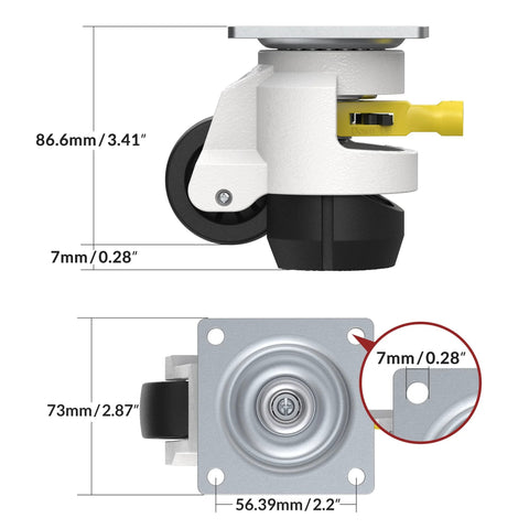 Leveling Casters With Ratchet Handle Design For Heavy Duty Industrial Use Total Capacity 2200 Lbs Set Of 4 With Adjustable Leveling Pads TD60 built from high-quality steel, close-up view showing detailed measurements.