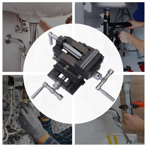 Pro Grade Top Shelf 3 Inch 2 Way Cross Slide Drill Press Vise With XY Travel Scales Built Tough Cast Iron Frame Anti Rust Coating, mounted for plumbing.