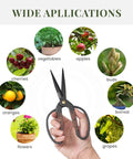 Hand holding Two Pack Walnut Grip Pruning Scissors with plant icons for gardening applications.