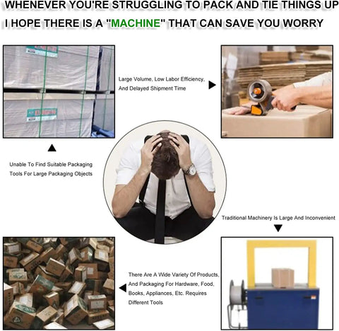Frustrated worker surrounded by packaging challenges with heavy duty electric strapping tool for 13 to 16 mm PP PET bands.