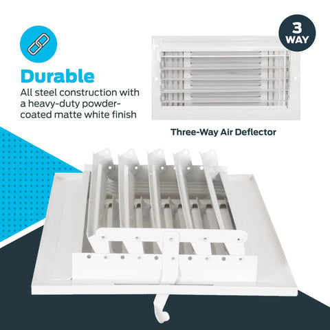 12 By 6 Inch Duct Opening Air Vent Cover For Wall Or Ceiling With Three Way Ventilation Solid Steel HVAC Register Cover White Finish 5 Adjustable Dampers And 19 Louvers For Quiet Operation