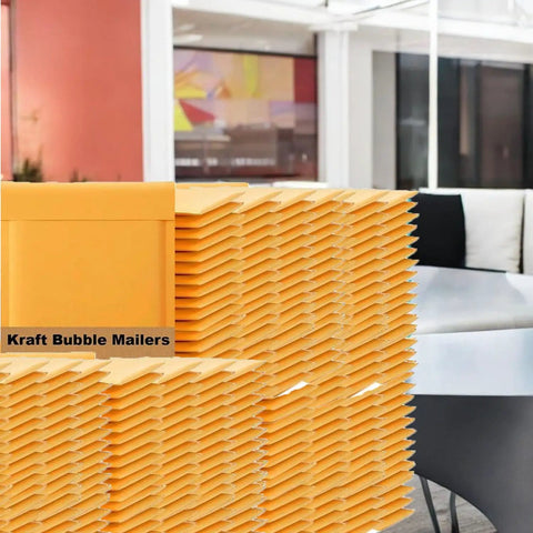 Stack of Bubble Mailers 8.5 By 12 Inches 200 Pack Self Sealing Padded Envelopes Durable Yellow Kraft Paper Mailers for shipping.
