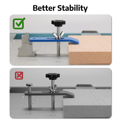 Image showing the correct use of a 2 Piece Clamp Block Set With 8 Adjustable Stops For CNC Router Workholding for better stability.