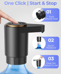 Easy Pour Workhorse Portable Electric Water Jug Pump For 5 Gallon Bottles With USB C Charging Dual High Power Motors Fast Flow Dispenser, black pump with blue bottle.