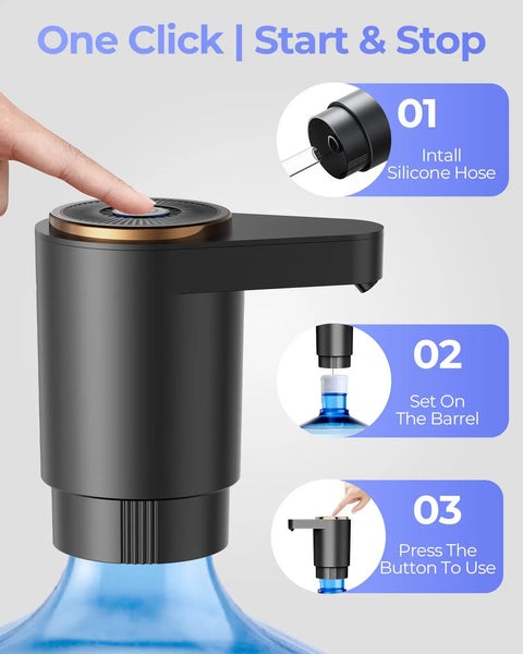 Easy Pour Workhorse Portable Electric Water Jug Pump For 5 Gallon Bottles With USB C Charging Dual High Power Motors Fast Flow Dispenser, black pump with blue bottle.