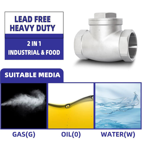 Front view of 3/4 in NPT stainless steel horizontal swing check valve, non-return for oil, water, gas